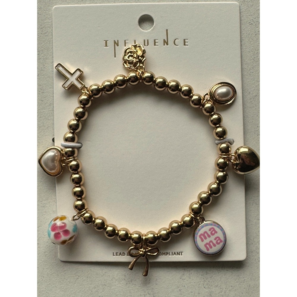 Influence Gold Tone Beaded Charm Bracelet Cross Heart Mama Rose Bow NWT